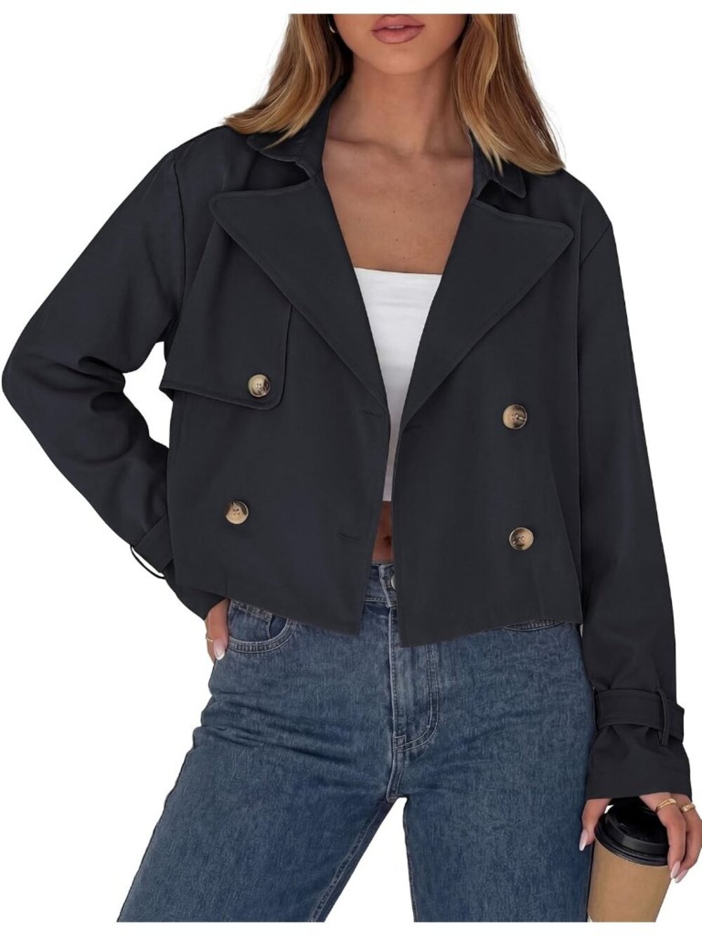 Women’s Beige Long Sleeve Double Breasted Office Casual Cropped Short Jacket